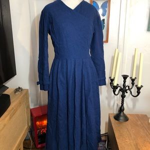 Wool winter dress navy blue vintage hand made